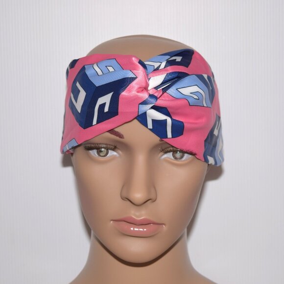 GUCCI Pink Blue Logo Print Silk Headband Wrap - Picture 1 of 4